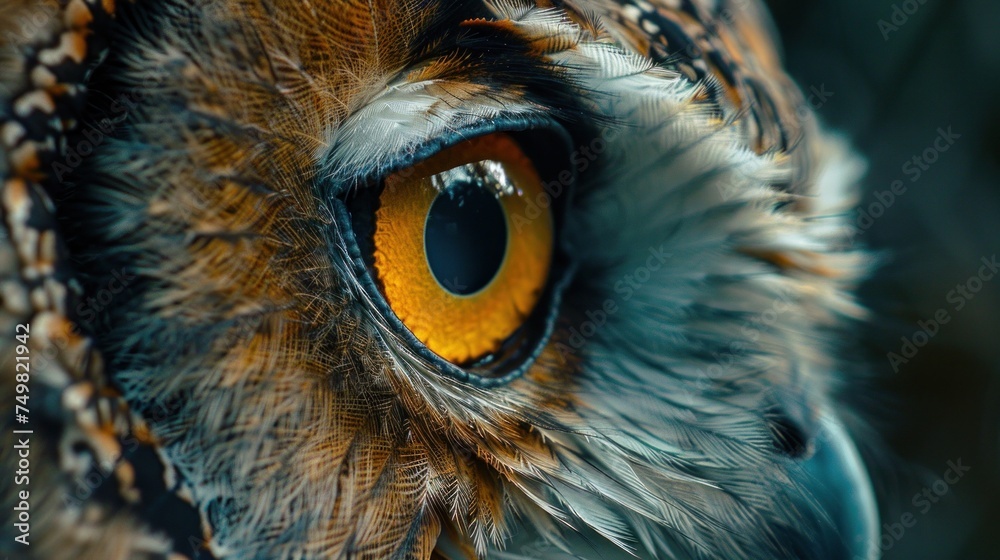 Close-up of owl's eye conveying sharp vision and natural beauty, with intricate feather details showcasing wildlife and ornithology. Close-up of owl's eye conveying sharp vision and natural beauty, with intricate feather details showcasing wildlife and ornithology.