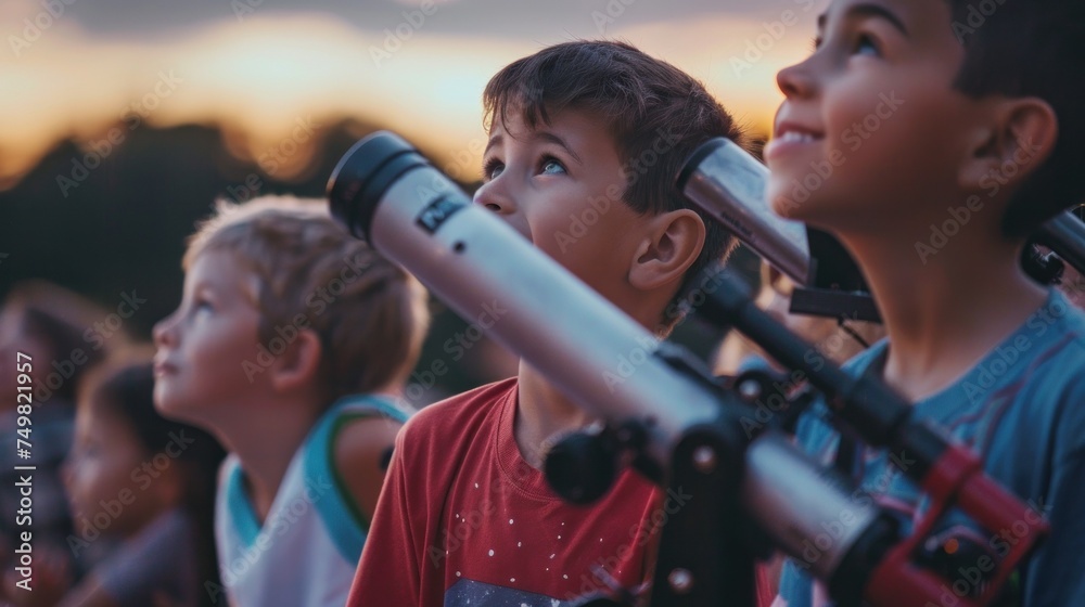 Curious children exploring night sky with telescope during educational astronomy class. Childhood learning and exploration. Curious children exploring night sky with telescope during educational astronomy class. Childhood learning and exploration.