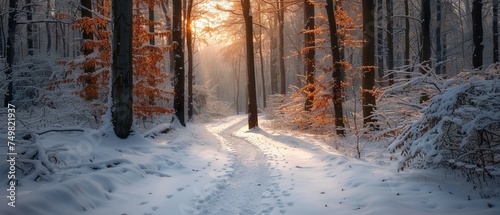 A snowy path leading through a winter forest, serene, space for text