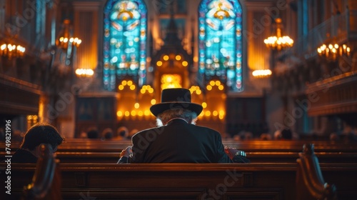 Elderly man sitting thoughtfully in peaceful church, reflecting on spirituality surrounded by stained glass windows. Spirituality and contemplation.