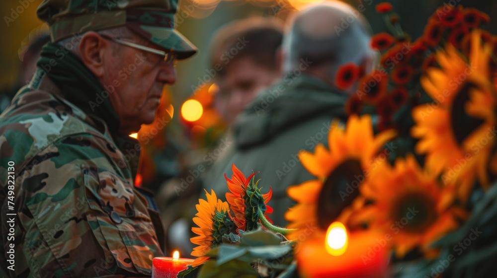 Veterans and active duty military personnel holding sunflowers and candles during remembrance ceremony at dusk. Honor and memory of fallen soldiers.