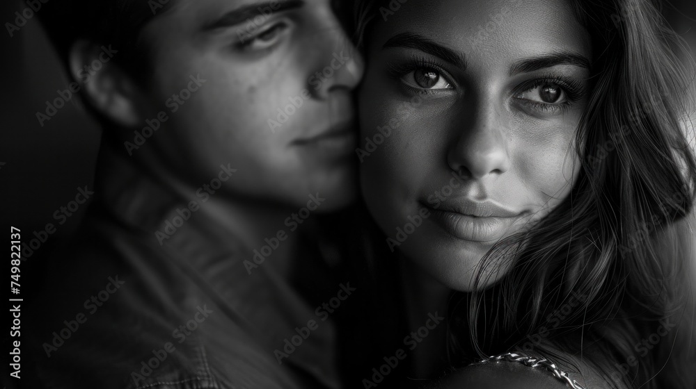 Intimate portrait of young couple in close embrace, depicting deep connection and affection in monochrome aesthetic. Romance and relationships. Intimate portrait of young couple in close embrace, depicting deep connection and affection in monochrome aesthetic. Romance and relationships.