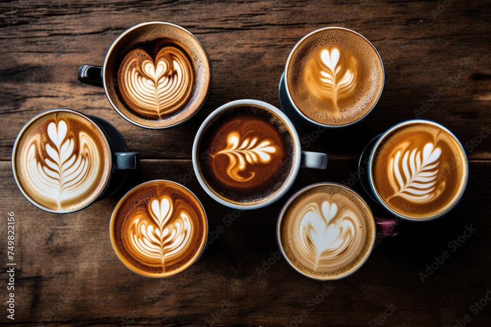 Top view, Multiple cups of coffee Coffee cups with latte art on wooden table, Coffee cups with latte art on wooden table, top view, Ai generated Top view, Multiple cups of coffee Coffee cups with latte art on wooden table, Coffee cups with latte art on wooden table, top view, Ai generated
