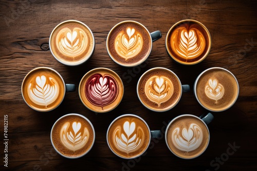 Top view, Multiple cups of coffee Coffee cups with latte art on wooden table, Coffee cups with latte art on wooden table, top view, Ai generated
