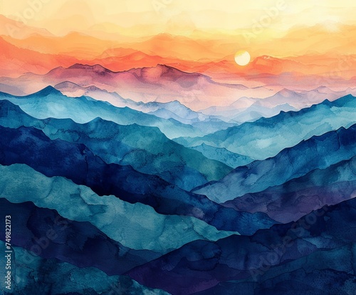 Abstract mountain range silhouette, watercolor dawn colors