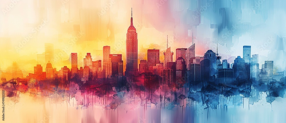 Abstract silhouette of a city skyline, watercolor sunset gradient