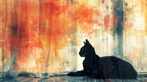 Abstract silhouette of a cat, lounging, watercolor cozy room vibe