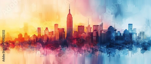 Abstract silhouette of a city skyline  watercolor sunset gradient