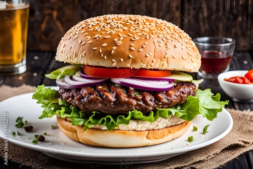 Tasty delicious burger photo with nice decoration, chicken burger ,beef burger , cheese , sauce, french fries, tomato for food advertisement