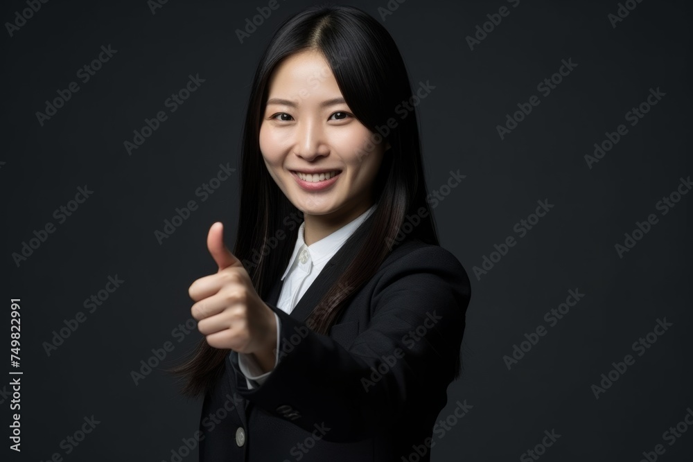 Portrait happy smiling successful professional Japanese female lady girl woman businesswoman elegant formal suit looking camera showing thumb up black background. Positive good gesture great work idea