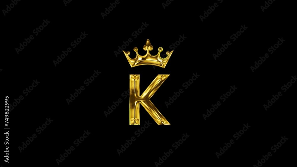 luxury golden K word with gold crown animation for logo intro outro black screen 