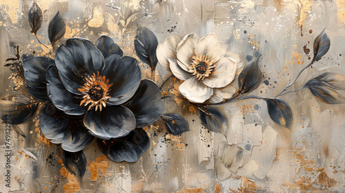 Beautiful spring black and white flower with dark leaves on decorative background as wallpaper illustration, Elegant Black White Gold Flower