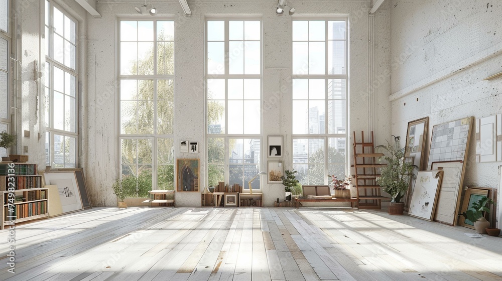 Bright, airy artist's studio, large windows, minimal clutter