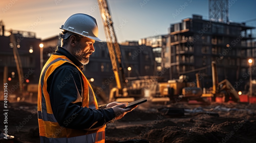 Structural engineer or architect dressed in work vests and hard bats use tablet on the open building site. Construction Site Inspection with Technology - obrazy, fototapety, plakaty 