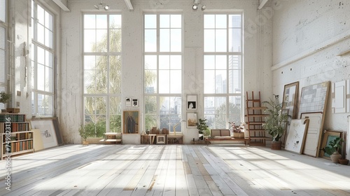 Bright  airy artist s studio  large windows  minimal clutter