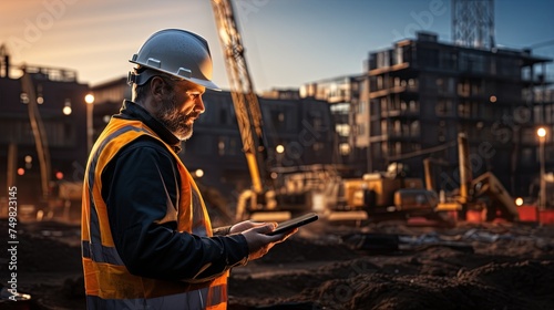 Structural engineer or architect dressed in work vests and hard bats use tablet on the open building site. Construction Site Inspection with Technology photo
