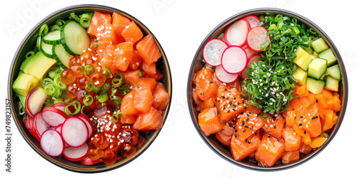 Fresh delicious Vegan poke bowl with salmon, avocado, vegetables, tomato, cucumber, radish, and carrot salad, Plant-based diet concept, top view set, isolated on transparent background cutout