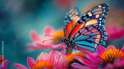 Close-up of a colorful butterfly on a flower, nature's detail, text space