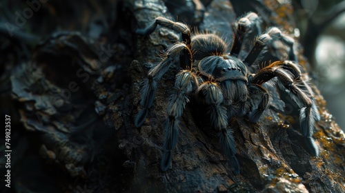 A hairy tarantula with distinctive markings clings to the rugged surface of a tree bark, camouflaging with its environment.
