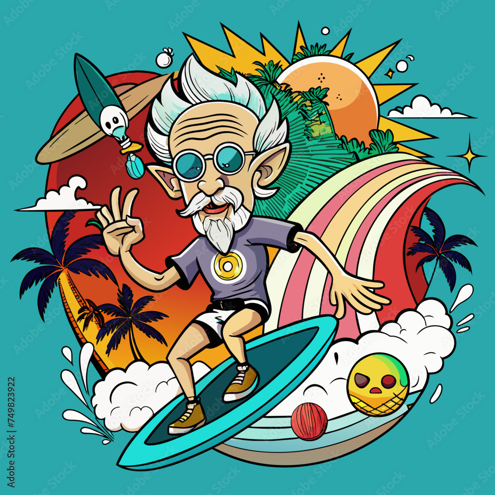 T-shirt sticker of a humorous illustration merging pop culture references with surfing motifs