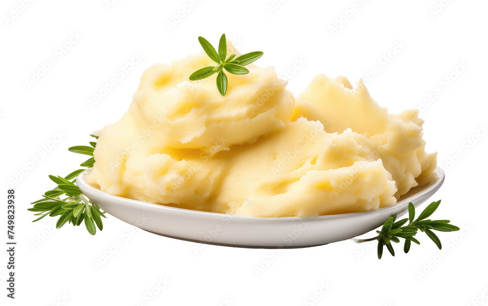 White Bowl Filled With Mashed Potatoes and Green Leaves. A white ceramic bowl is filled to the brim with creamy mashed potatoes garnished with a fresh sprig of green leaves. White Bowl Filled With Mashed Potatoes and Green Leaves. A white ceramic bowl is filled to the brim with creamy mashed potatoes garnished with a fresh sprig of green leaves.