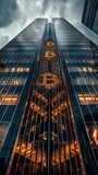 Looking up at a skyscraper with Bitcoin and blockchain motifs finance meets tech