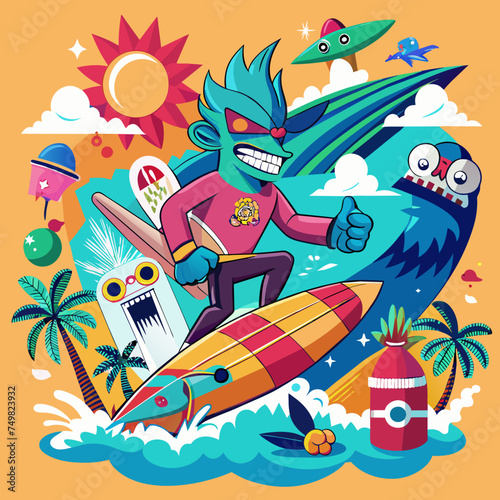 T-shirt sticker of a humorous illustration merging pop culture references with surfing motifs