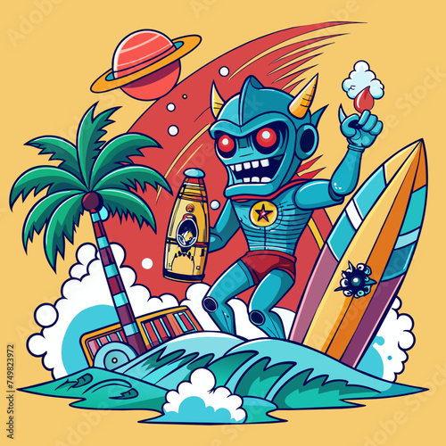 T-shirt sticker of a humorous illustration merging pop culture references with surfing motifs