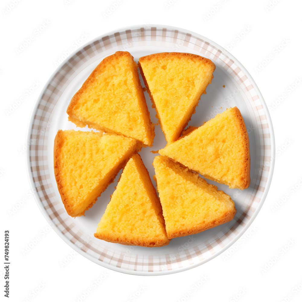Delicious cornbread slices on a plate, isolated on transparent background Remove png, Clipping Path, pen tool Delicious cornbread slices on a plate, isolated on transparent background Remove png, Clipping Path, pen tool
