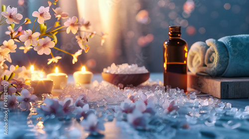 Aromatherapy Elegance: Spa Treatment with Essential Oils, Zen Stones, and Orchid Blossoms in a Tranquil Setting