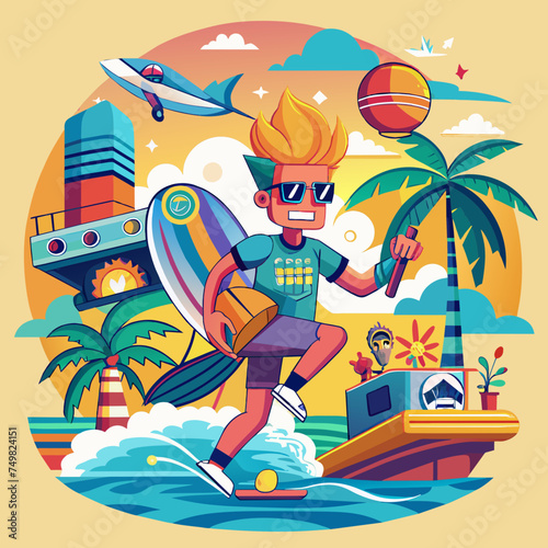 T-shirt sticker of a humorous illustration merging pop culture references with surfing motifs