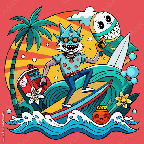 T-shirt sticker of a humorous illustration merging pop culture references with surfing motifs