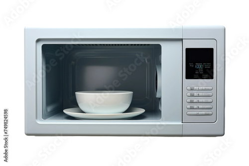 Microwave With Bowl and Plate. A microwave with an open door showing a white ceramic bowl and a glass plate inside. The bowl contains leftovers while the plate seems to be warm.