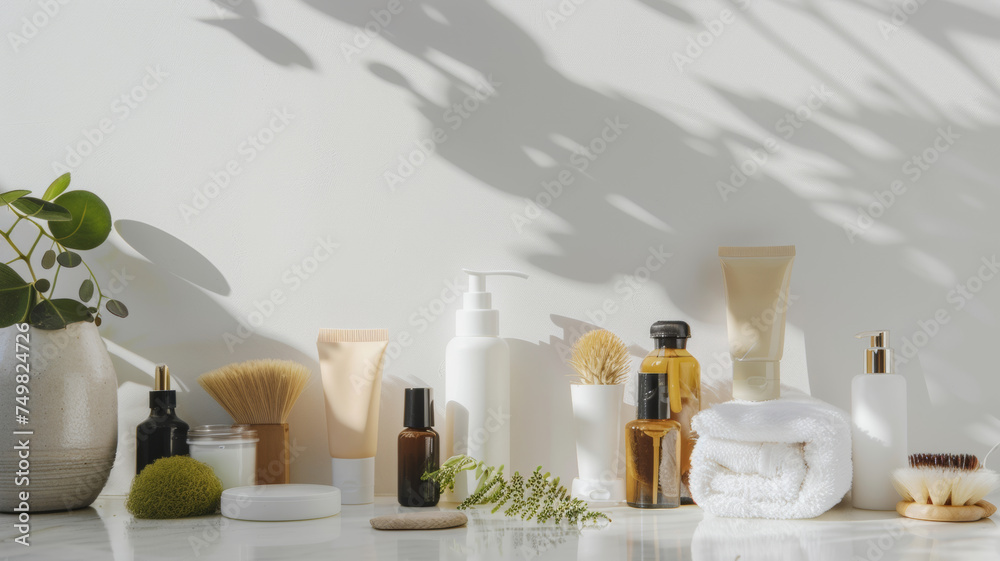 Serene skincare setup with natural products in a well-lit space. Serene skincare setup with natural products in a well-lit space.