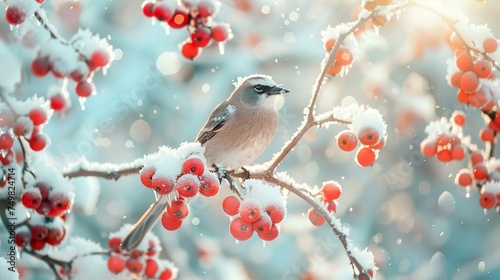 Frozen berries with visiting birds, a splash of color in the white expanse