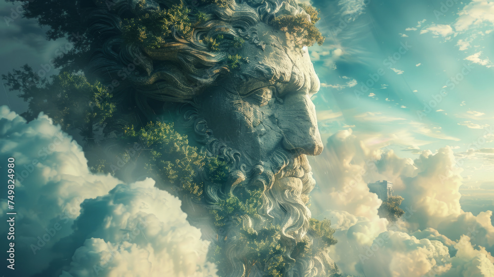 A surreal image blending a statue-like face with detailed foliage into a sky filled with fluffy clouds - obrazy, fototapety, plakaty 