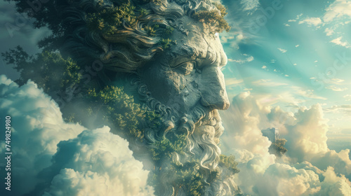 A surreal image blending a statue-like face with detailed foliage into a sky filled with fluffy clouds