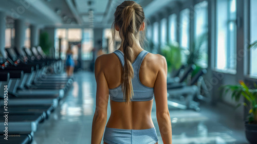 Back view of young woman in sportswear running on treadmill in gym