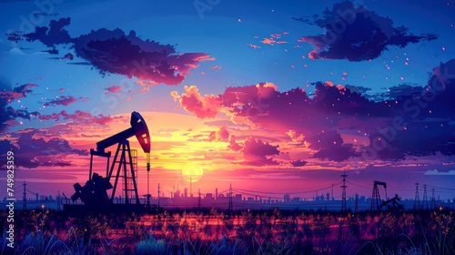 Oil pump in the field at sunset. Oil industry photo