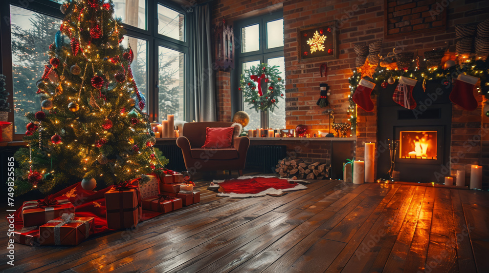 Cozy interior of a living room decorated for Christmas with a lit tree, presents, fireplace, and festive ornaments.