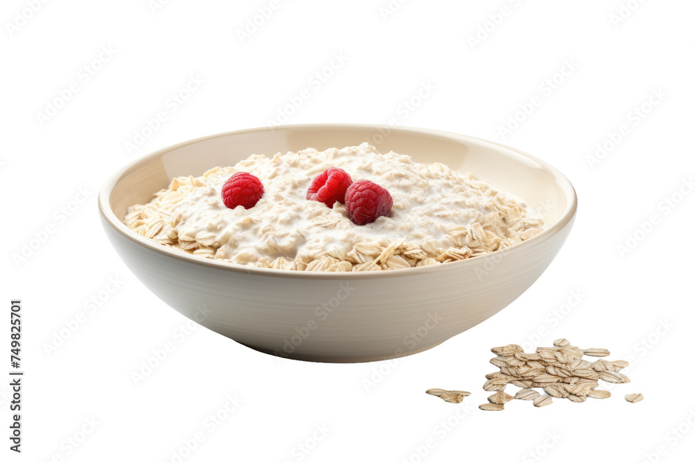 A Bowl of Oatmeal With Raspberries. A bowl filled with oatmeal topped with fresh raspberries. The red raspberries contrast beautifully with the creamy oatmeal. on White or PNG Transparent Background. A Bowl of Oatmeal With Raspberries. A bowl filled with oatmeal topped with fresh raspberries. The red raspberries contrast beautifully with the creamy oatmeal. on White or PNG Transparent Background.