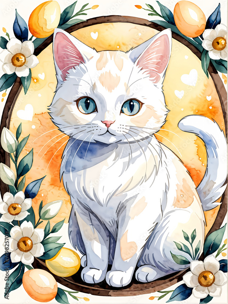 Watercolor Easter anime cat illustration. Easter decorated eggs and flowers. Greeting cards, poster, print