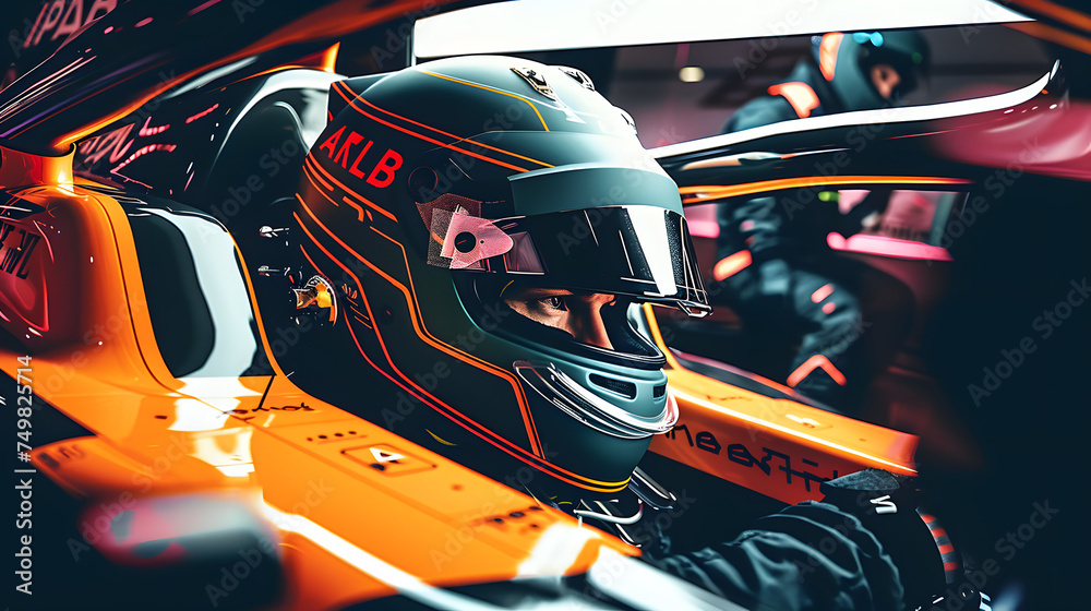 a F1 driver inside his car with the helmet and the competition suit prepared for the race - obrazy, fototapety, plakaty 