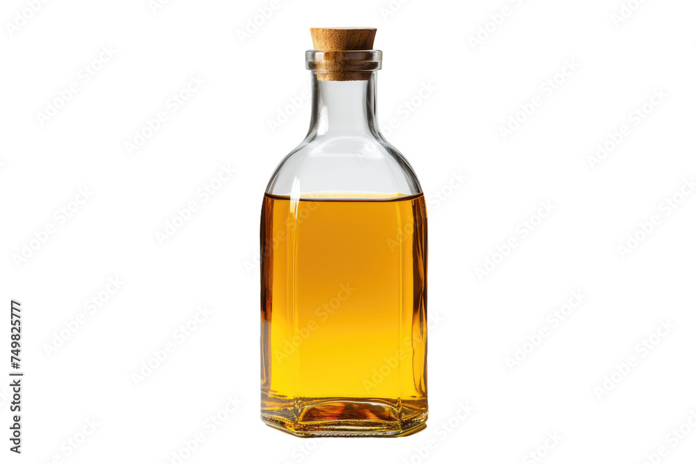Bottle of Oil. A clear glass bottle filled with oil stands on a plain white background. The label is visible, reflecting light. The bottle is upright and stationary.