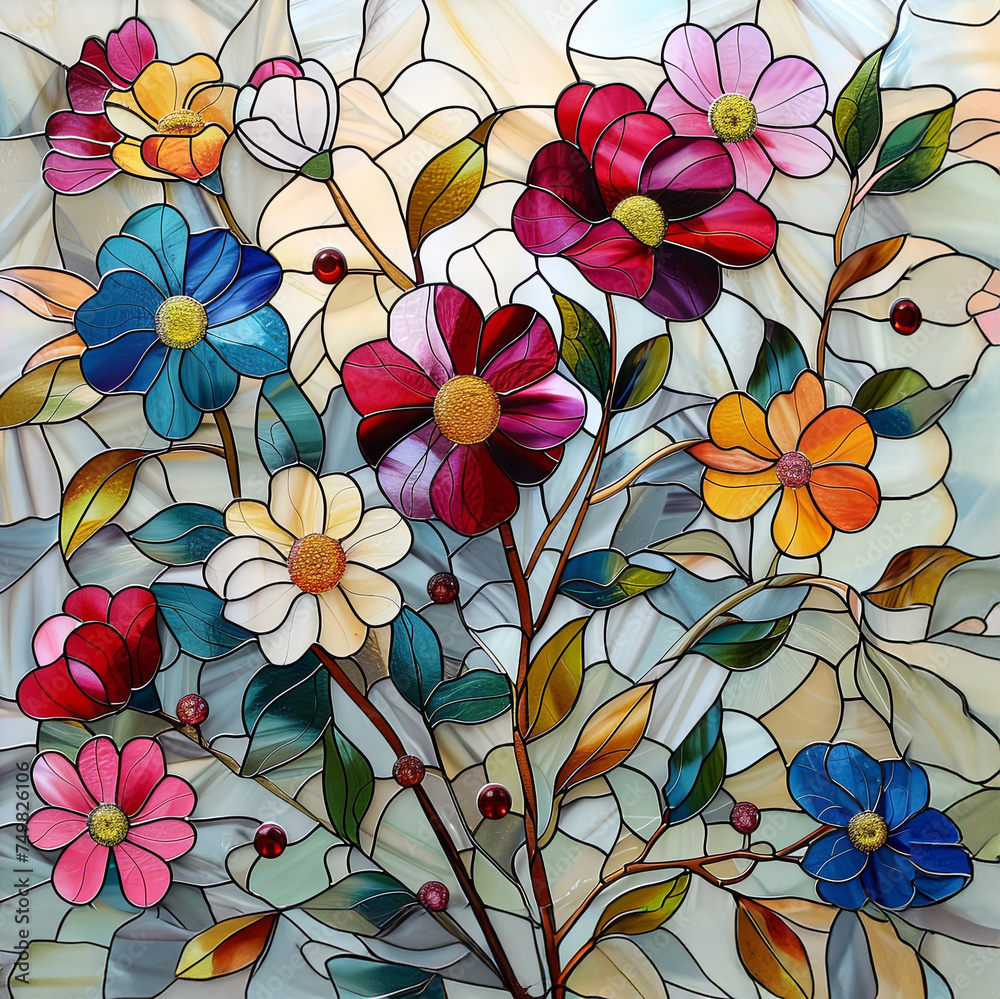 Stained glass window background with colorful Flower and Leaf abstract. Stained glass window background with colorful Flower and Leaf abstract.