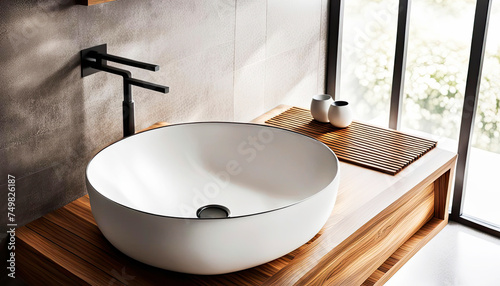 close-up of a large white sink by the window, use of wood and brushed metal materials, stone floor, Japandi style decoration, minimalism, sunlight from the window