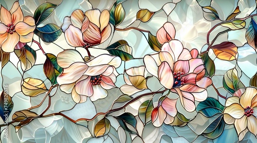 Stained glass window background with colorful Flower and Leaf abstract.