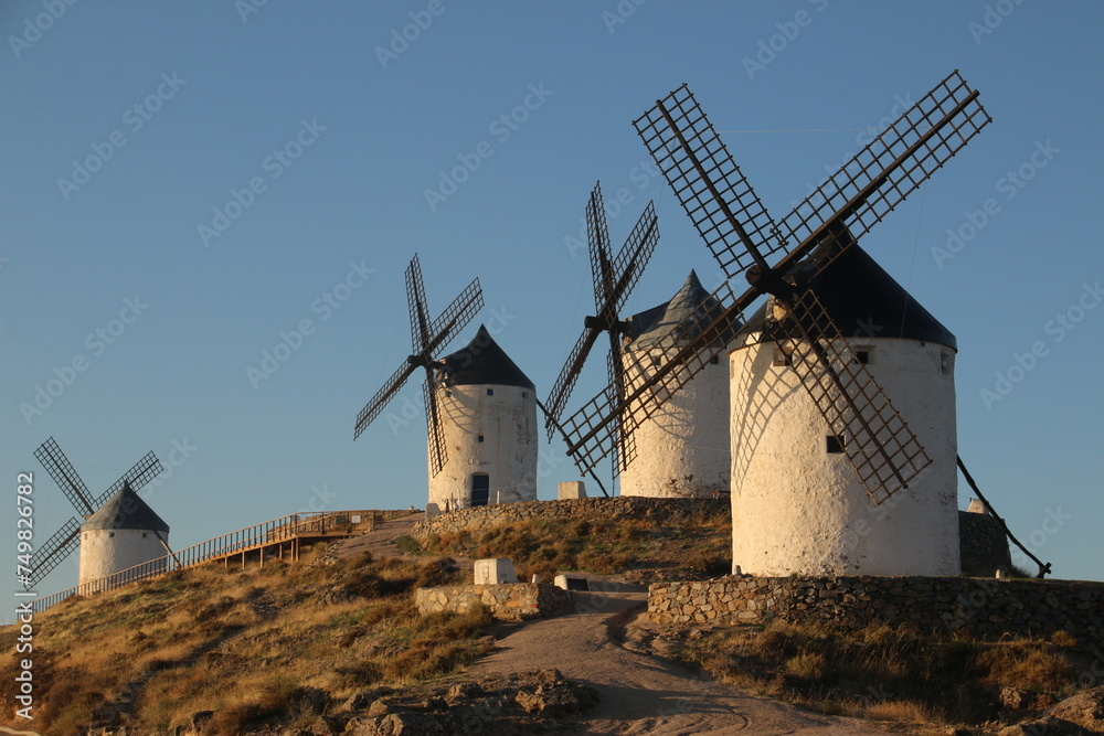 Group of ancient Windmills during Sunset (Don Quixote and Cervantes mills, Consuegra Spain)