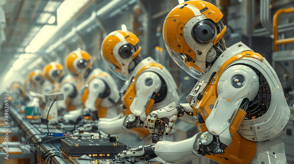 Fototapeta premium An array of sophisticated robots working seamlessly on an assembly line within a modern, smart factory environment.