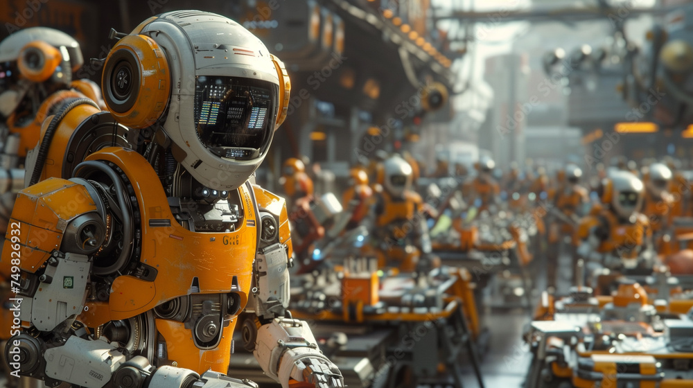 An array of sophisticated robots working seamlessly on an assembly line within a modern, smart factory environment. An array of sophisticated robots working seamlessly on an assembly line within a modern, smart factory environment.